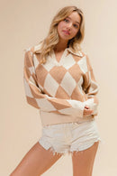 BiBi Diamond Pattern Collared Notch Neck Sweater