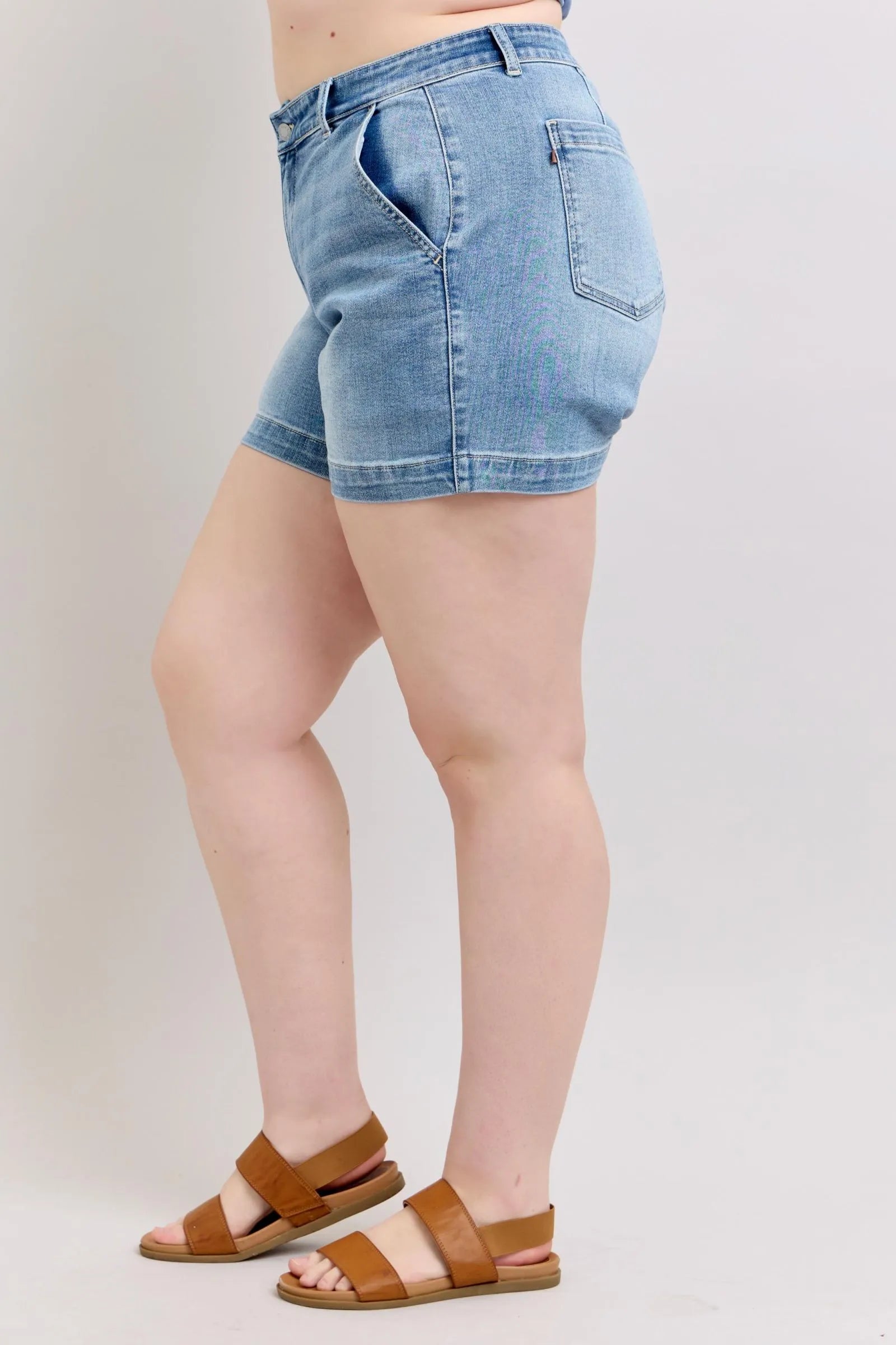 Judy Blue Plus Size 1XL-3XL High Rise Light Blue Denim Shorts with Rolled Cuffs