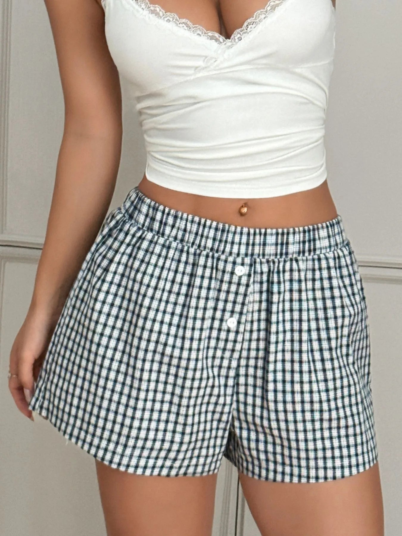 Gingham Mini Shorts with Elastic Waistband
