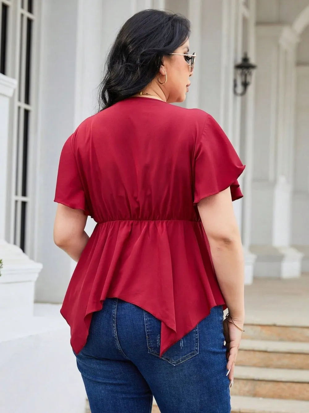 Plus Size Flutter Sleeve Blouse with Frill Surplice Design - Stretchy Opaque 100% Polyester