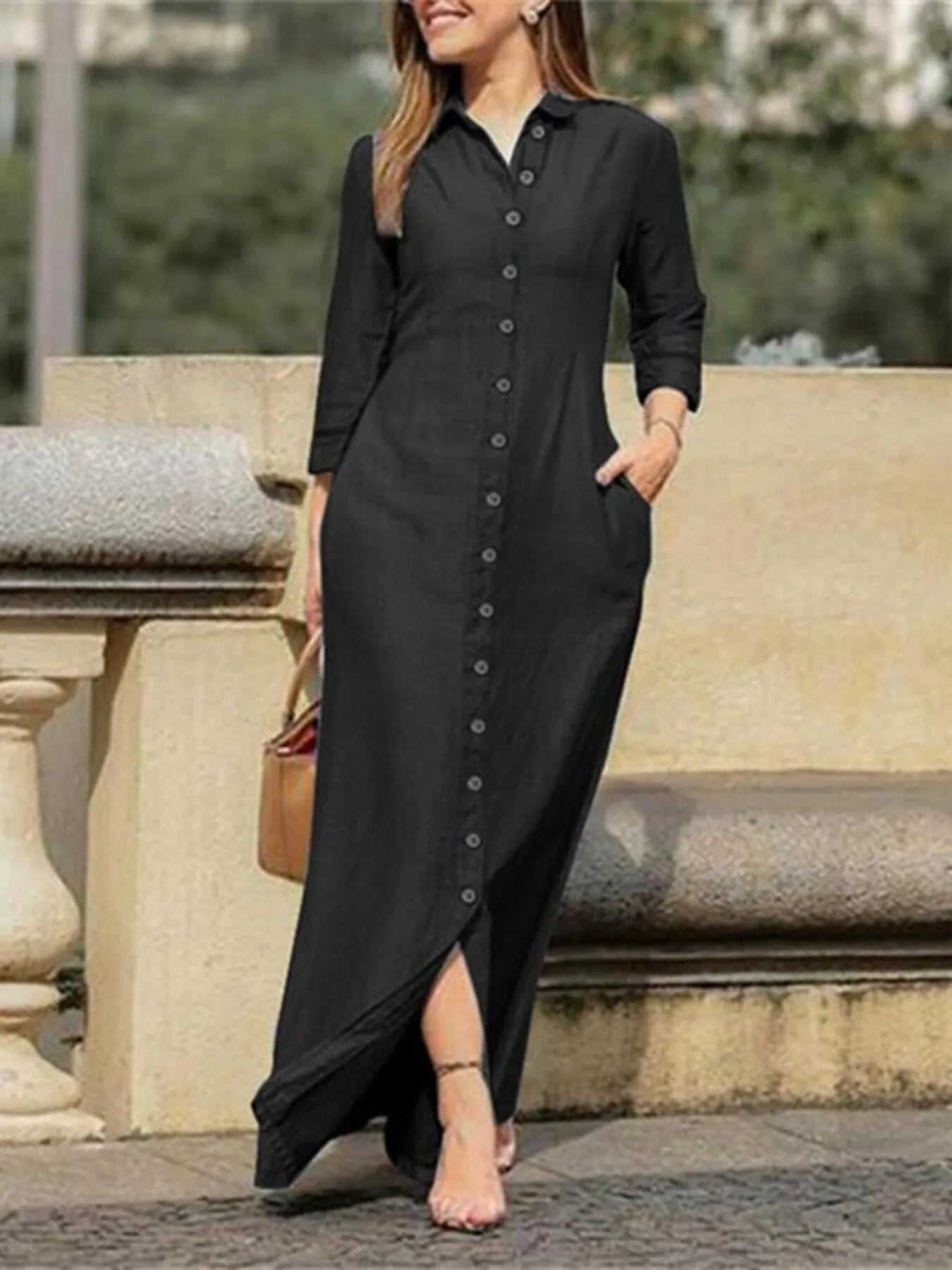 Plus Size Full Length Button-Down Denim Maxi Dress with Pockets and Side Slit