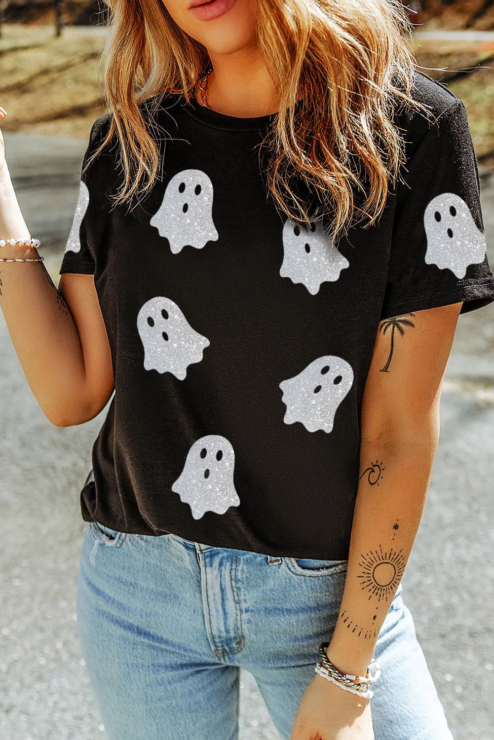 Glitter Ghost Short Sleeve T-Shirt for Women - Slightly Stretchy Opaque Fabric, Machine Washable