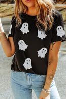 Glitter Ghost Round Neck Short Sleeve T-Shirt Black