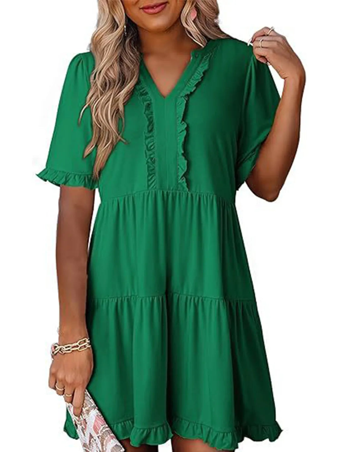 Sleek Tiered Notched Mini Dress with Frills, Ruched Details and Slight Stretch - Perfect for Any Occasion
