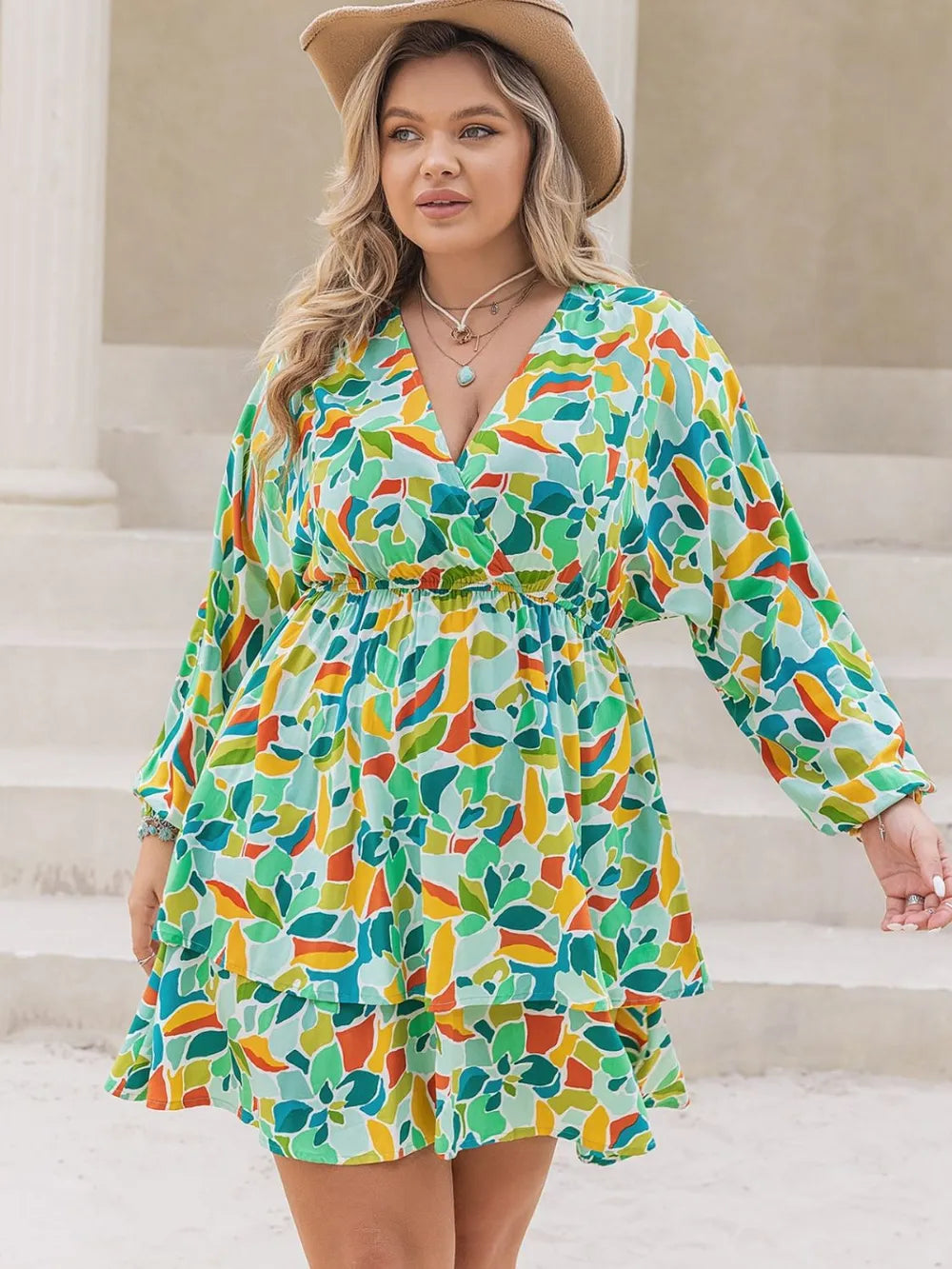 Plus Size 100% Viscose Printed Surplice Mini Dress with Ruched Long Sleeves