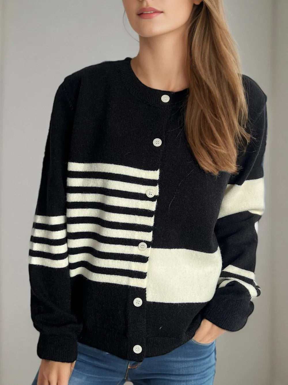 Trendsi Striped Color Block Buttoned Round Neck Cardigan - Slightly Stretchy, Cozy Fit
