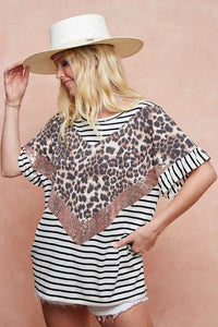 BiBi Stripe Rayon Span Knit Color Block Top With Leopard - Store 42