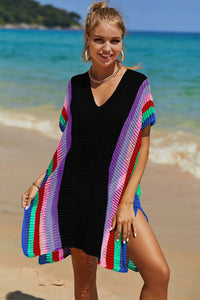 Angel Wings Openwork Striped Slit Knit Cover Up Black One Size