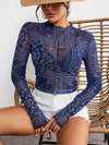 Paisley Mock Neck Long Sleeve Sheer Top Dark Blue