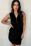 French Terry Zipped Collar Sleeveless Drawstring Waist Mini Dress Black