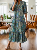 Full Size Bohemian Paisley Print Ruffle Hem Midi Dress Plus Size Teal