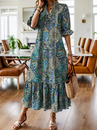 Full Size Bohemian Paisley Print Ruffle Hem Midi Dress Plus Size Teal