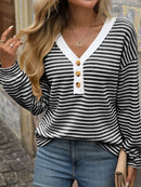 Striped V-Neck Button Front Casual Top