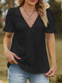 Lace Trim V-Neck Puff Sleeve Blouse Black