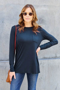 Basic Bae Women's Full Size Round Neck Long Sleeve Top with Pockets and Moderate Stretch - Store 42