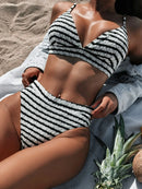 Striped V-Neck Two-Piece Swim Set Black