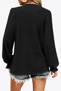 Trendy Eyelet V-Neck Blouse with Flounce Sleeves - Opaque, Highly Stretchy, Lined - 100% Polyester - Store 42