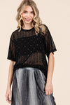 GeeGee Round Neck Drop Shoulder Mesh Glitter Top Black