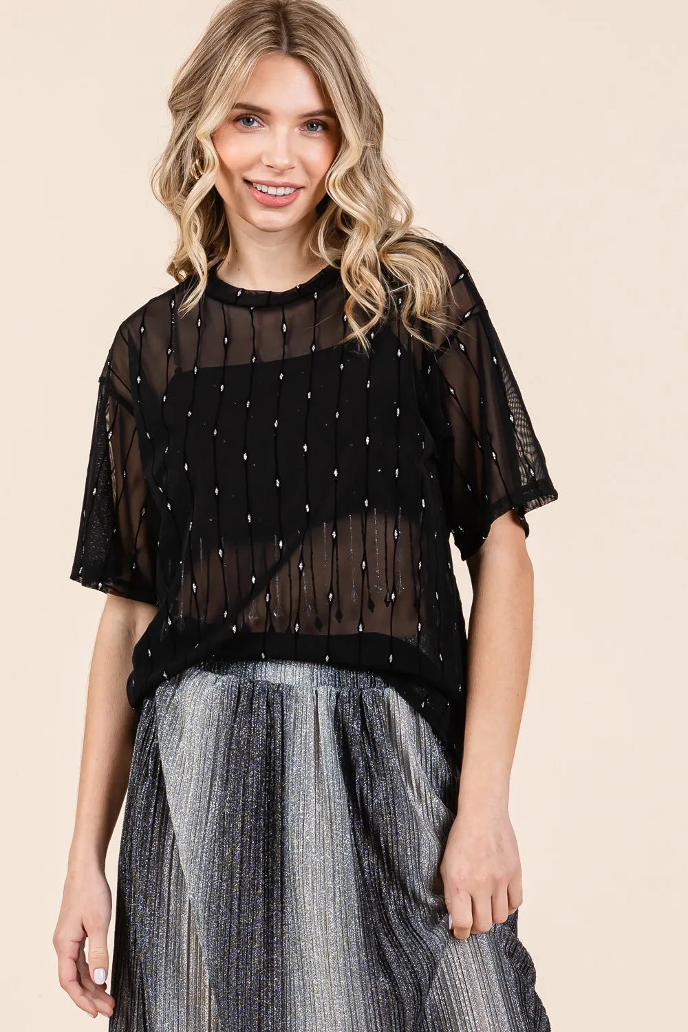 Glamorous GeeGee Round Neck Drop Shoulder Mesh Glitter Top - Sheer and Stylish for Any Occasion