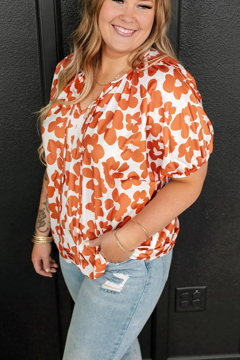 Plus Size 100% Polyester Printed Tie Neck Blouse with Short Sleeves - Opaque Design