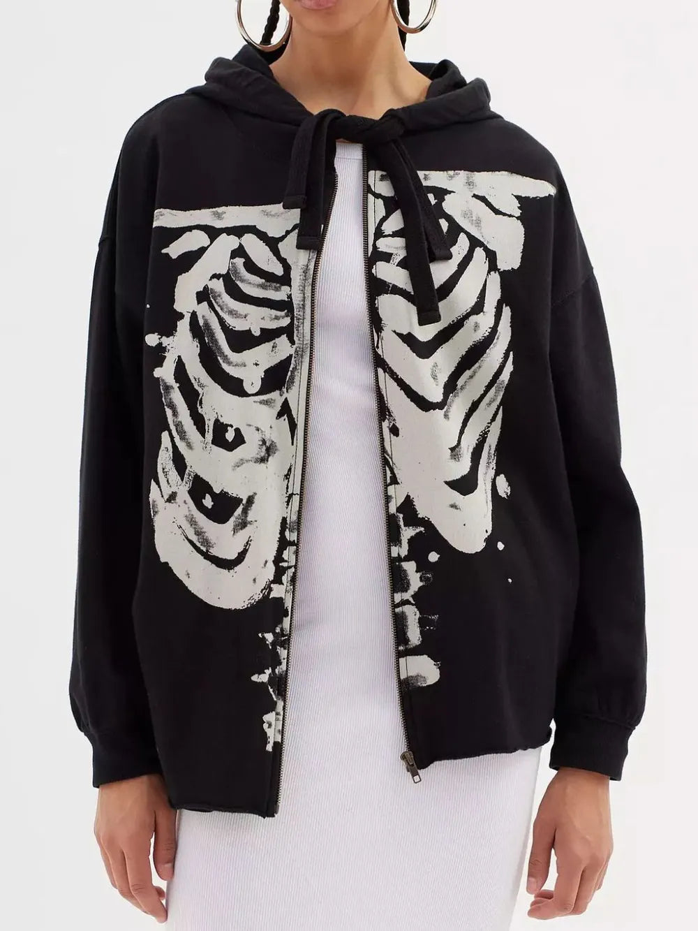 Trendy Skeleton Zip Up Drawstring Hoodie - Slightly Stretchy, Opaque Material - Sizes S to XL