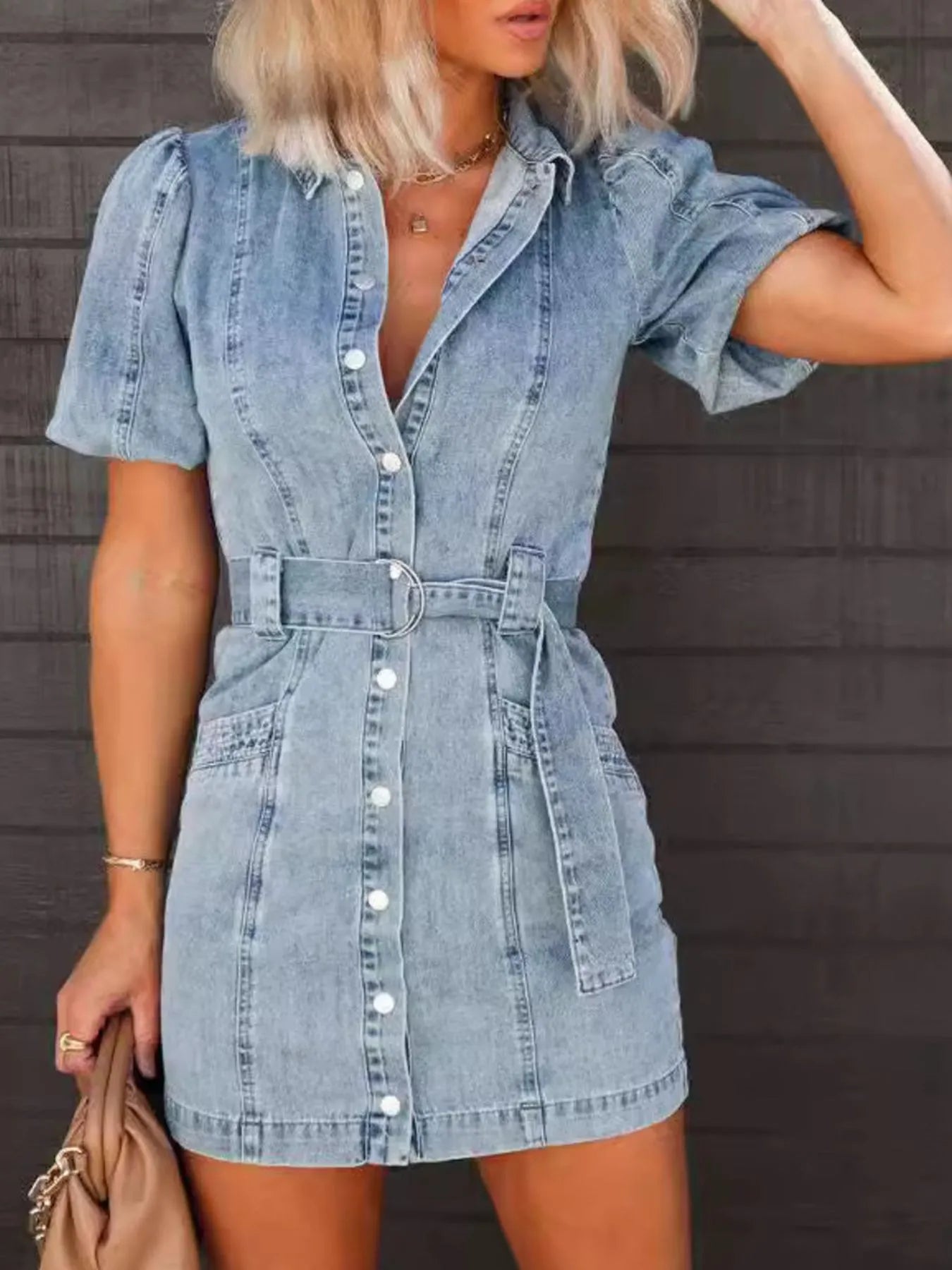 Button-Up Puff Sleeve Denim Shirt Dress With Belt - Classic Cotton Blend Fashion