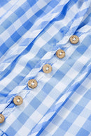 Gingham Short Sleeve Button Tie Split Neck Loose Mini Dress