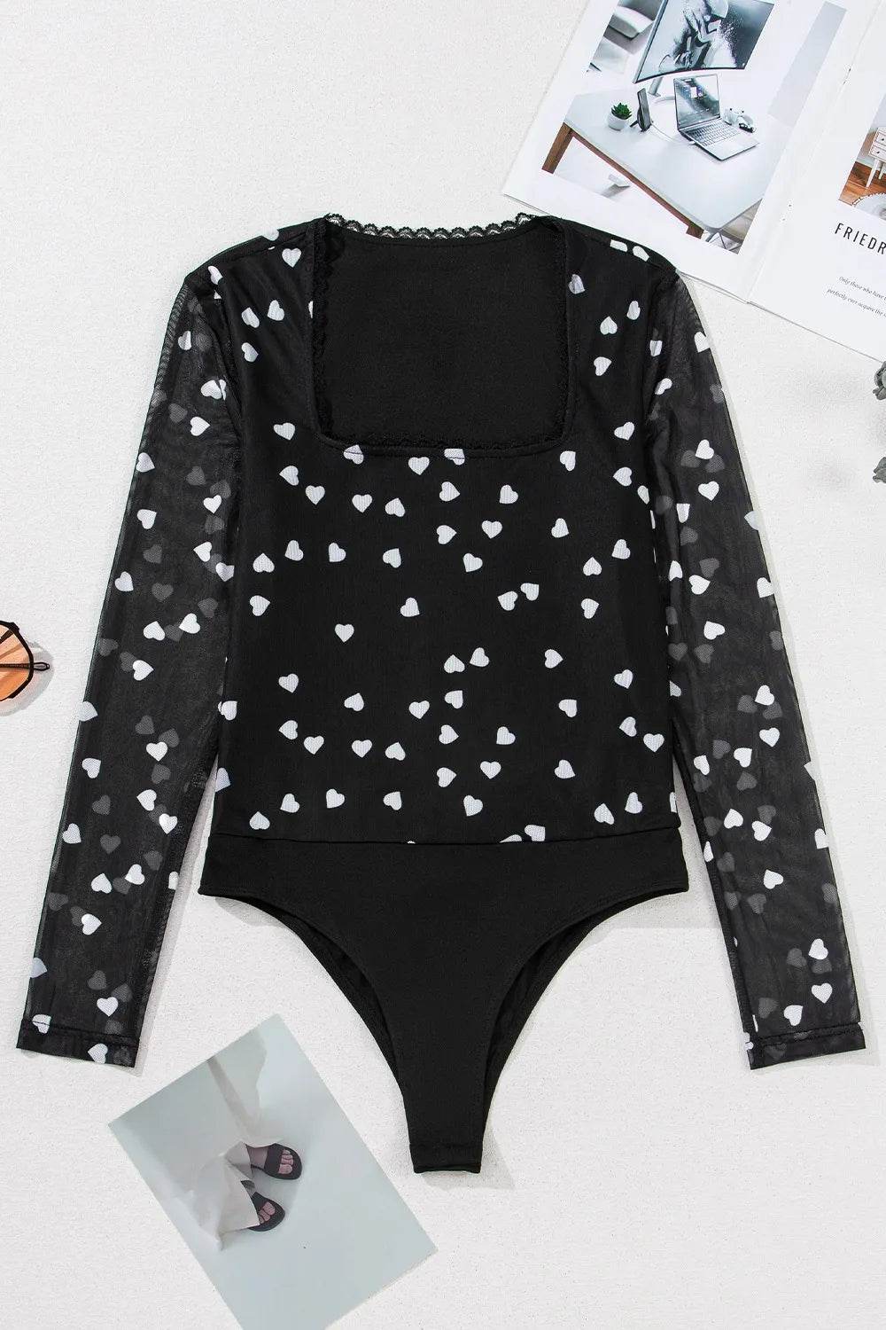 Heart Square Neck Long Sleeve Bodysuit - Store 42