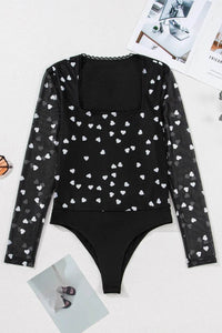 Heart Square Neck Long Sleeve Bodysuit - Store 42
