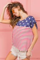 BiBi Star Printed & Stripe Combo Top - Unique Pattern Mixing, 100% Cotton, Slightly Stretchy - Store 42