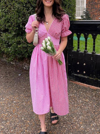 Plaid V-Neck Puff Sleeve Dress