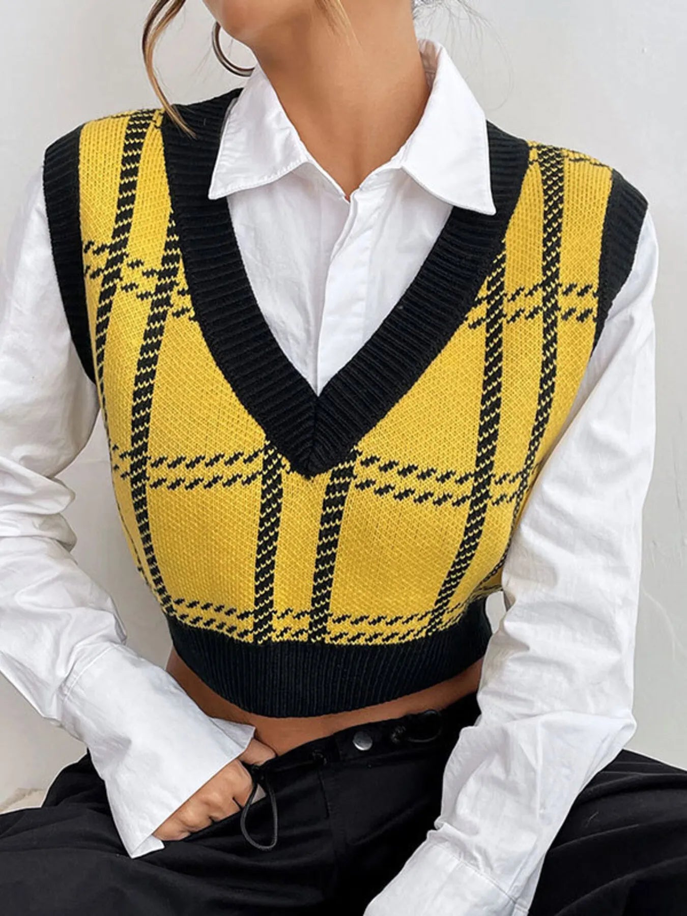 Trendsi Plaid V-Neck Cropped Sweater Vest - 100% Acrylic, Slightly Stretchy, Easy Care