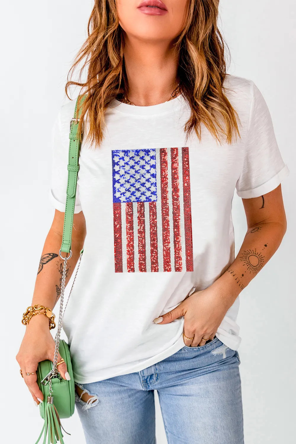 US Flag Sequin Round Neck Short Sleeve T-Shirt - Opaque, Comfortable Fit, Imported