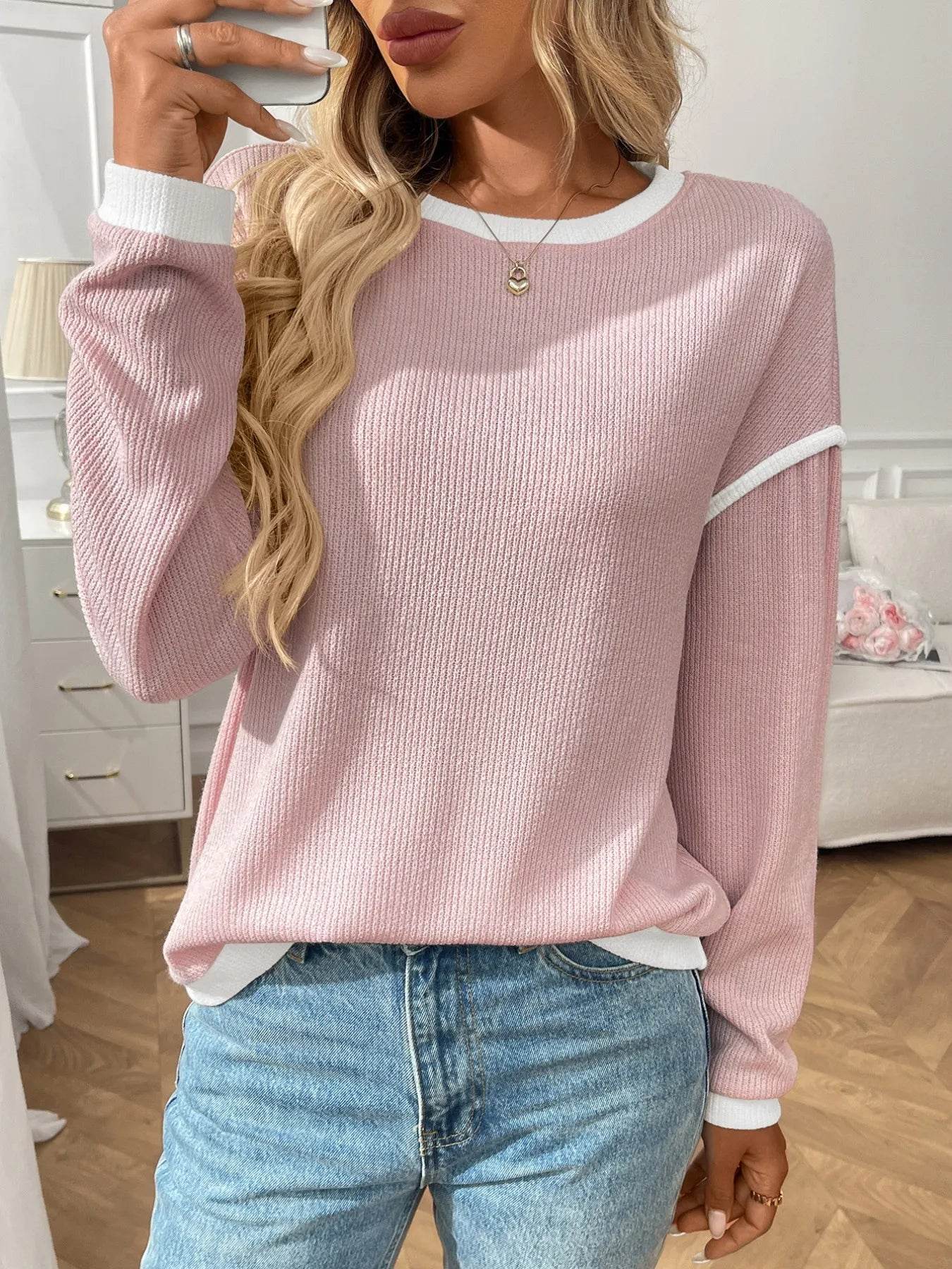 Slightly Stretchy Ribbed Long Sleeve Top with Contrast Trim - Elegant Basic Style