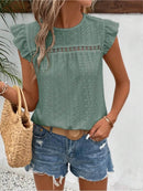 Elegant Eyelet Round Neck Cap Sleeve Top - 95% Polyester, No Stretch, Imported - Store 42
