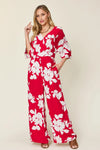 Double Take Full Size Printed Tie Back Wide Leg Jumpsuit Deep Rose