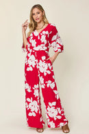 Double Take Full Size Printed Tie Back Wide Leg Jumpsuit Deep Rose