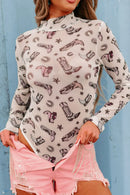 Printed Mock Neck Long Sleeve Bodysuit White