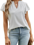 Trendsi Eyelet Notched Short Sleeve T-Shirt with Ruffled Frills - Slightly Stretchy Fabric - Store 42