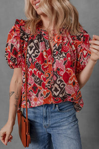 Ethnic Print Split Neck Short Puff Sleeve Blouse