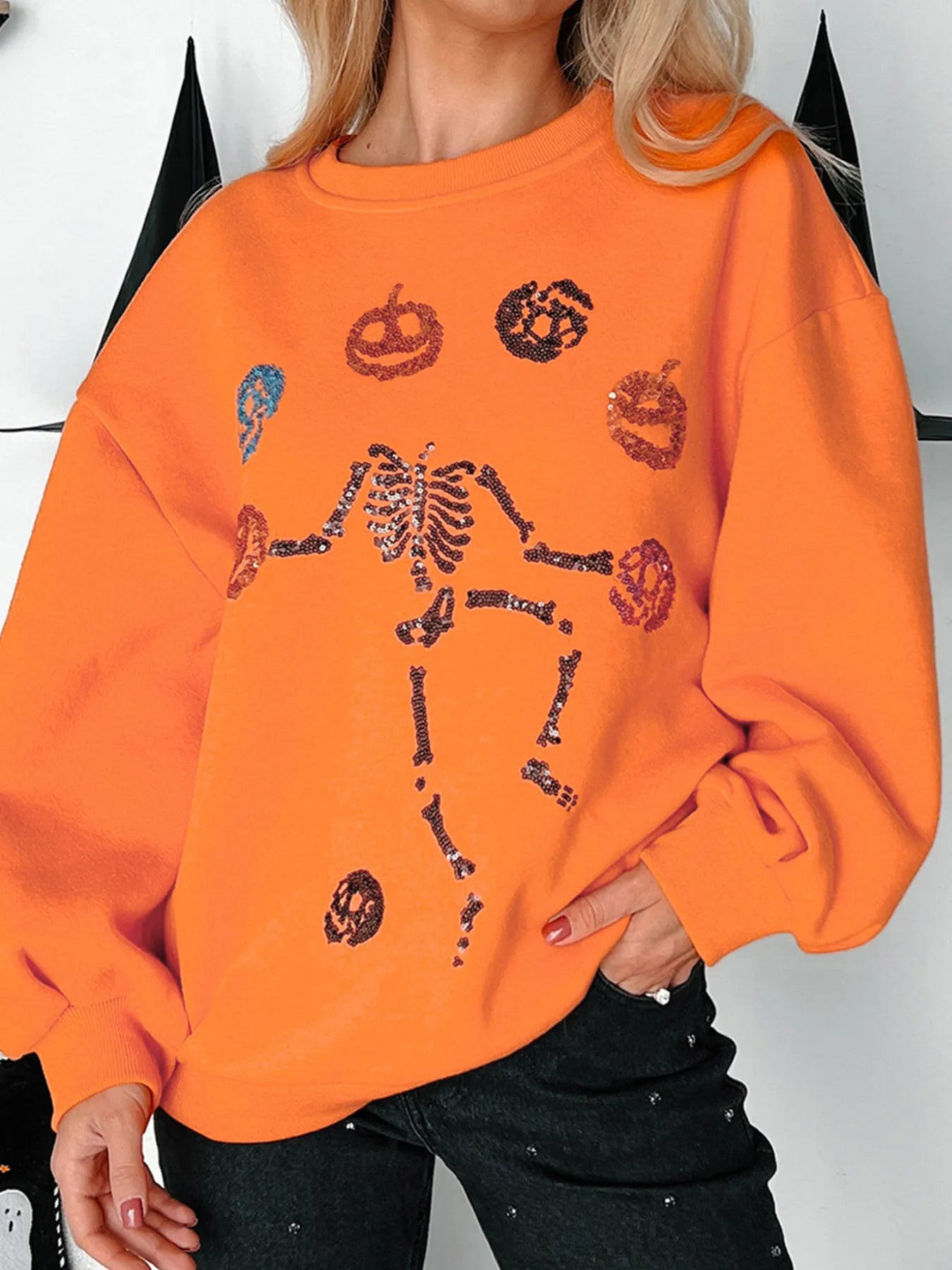 Sequin Halloween Skeleton Pumpkin Sweatshirt - Slightly Stretchy, 50% Cotton & 50% Polyester