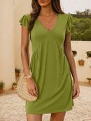 V-Neck Ruffled Cap Sleeve Mini Dress Yellow-Green