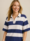 Oh Pima Cotton Wash Color Block Johnny Collar Half Sleeve Top Dusty Blue
