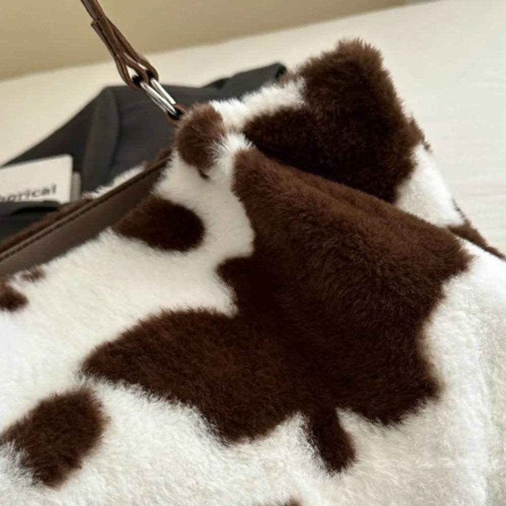 Large Cow Print Furry Tote Bag - Stylish Faux Fur, PU Leather, and Polyester Material - Store 42