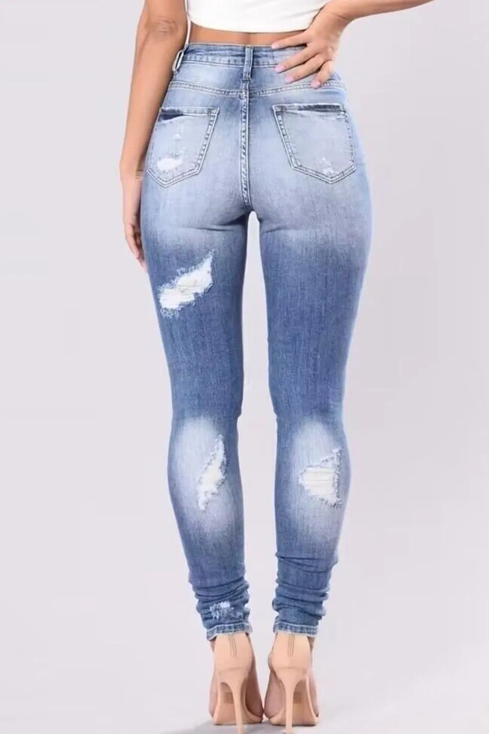 Plus Size Full Length Distressed Skinny Jeans with Pockets & Slight Stretch