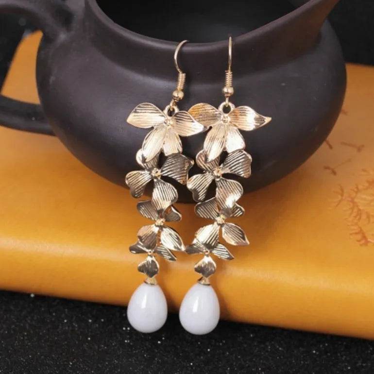 Elegant Alloy Flower Earrings with Synthetic Pearls - 9K Gold-Plated Fashion Jewelry - Store 42