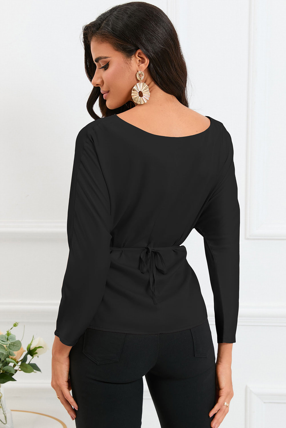 Chic Boat Neck Satin Blouse with Back Tie & Long Sleeves - Solid Color, Slightly Stretchy