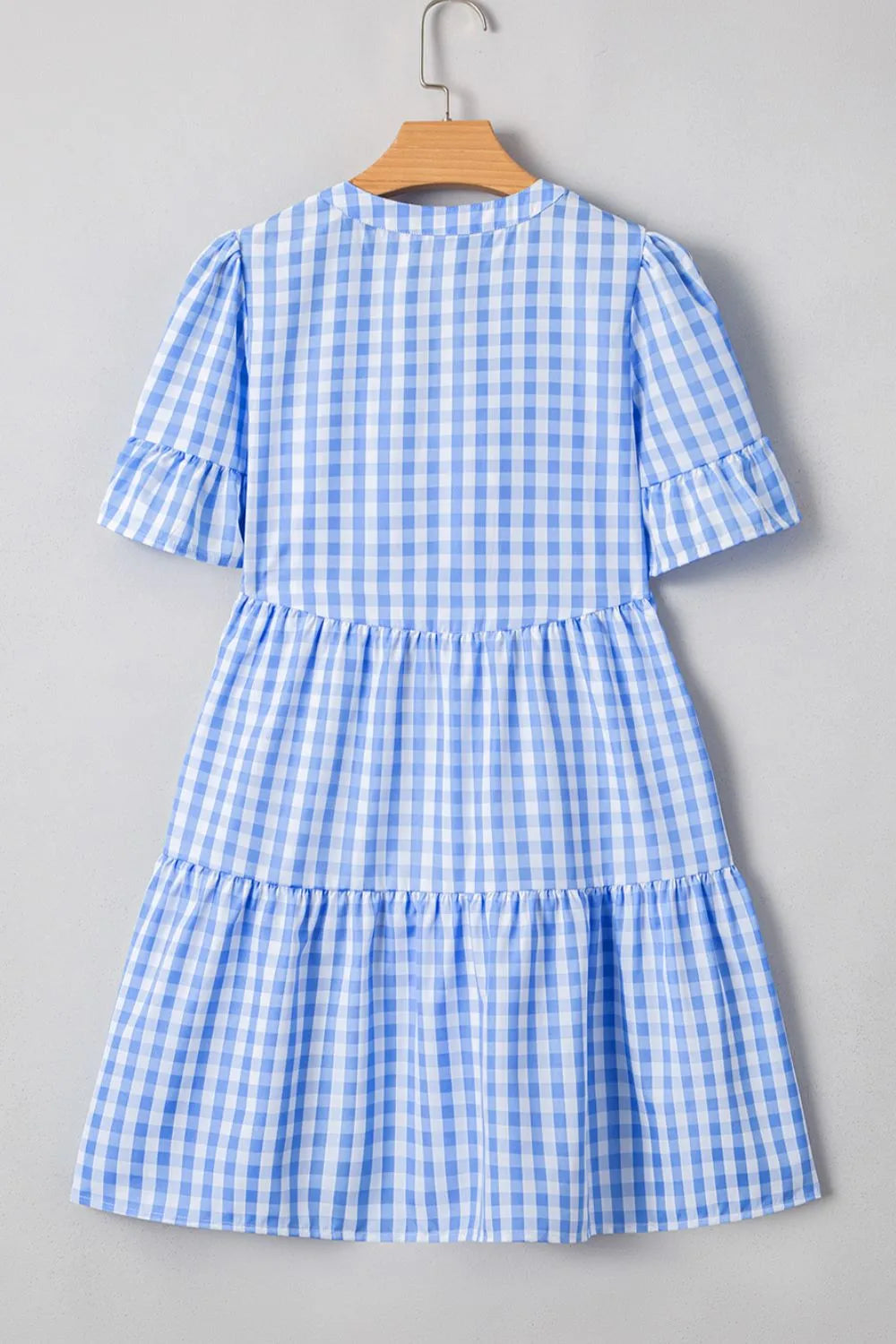 Gingham Short Sleeve Button Tie Split Neck Loose Mini Dress
