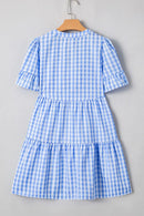 Gingham Short Sleeve Button Tie Split Neck Loose Mini Dress