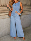 Button Down Vest and Wide Leg Jeans Denim Set Light